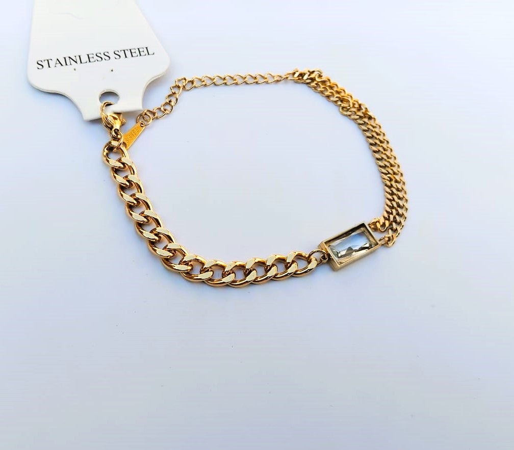 Double Chain Diamond Square Bracelet – Elegant Stainless Steel Link Chain for Every Occasion | Mazia Fashion