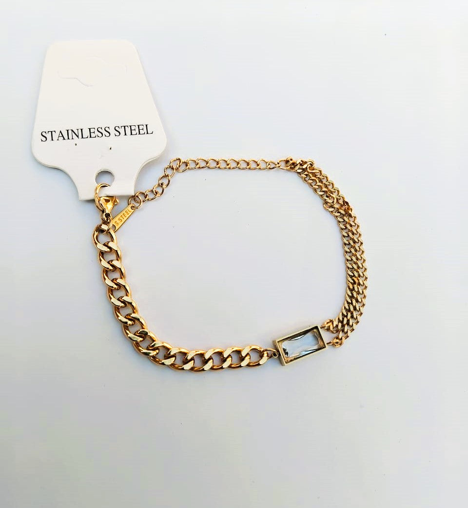 Double Chain Diamond Square Bracelet – Elegant Stainless Steel Link Chain for Every Occasion | Mazia Fashion