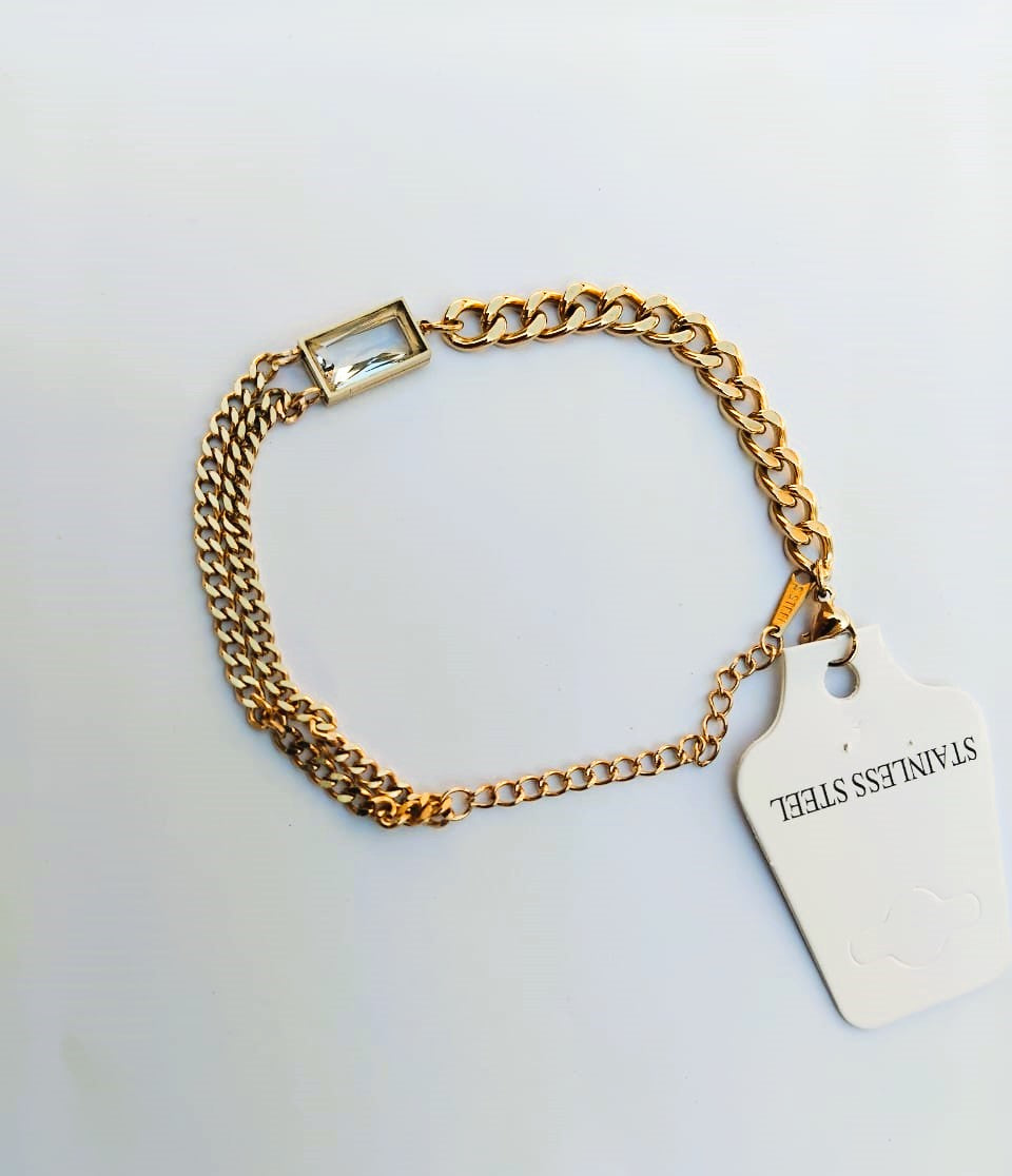 Double Chain Diamond Square Bracelet – Elegant Stainless Steel Link Chain for Every Occasion | Mazia Fashion