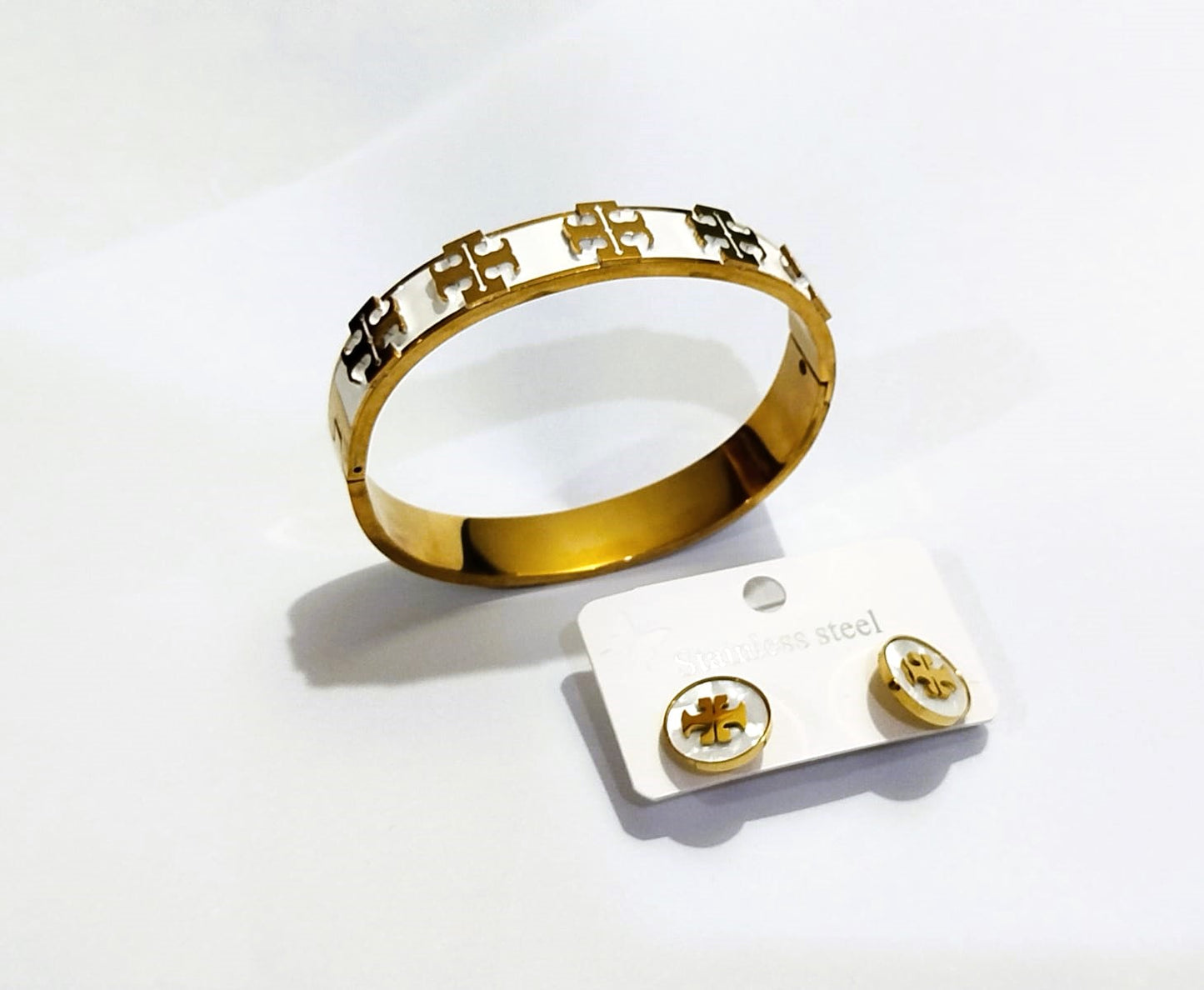 2pc Stainless Steel Bangle with Matching Earrings Set for Women - Mazia Fashion