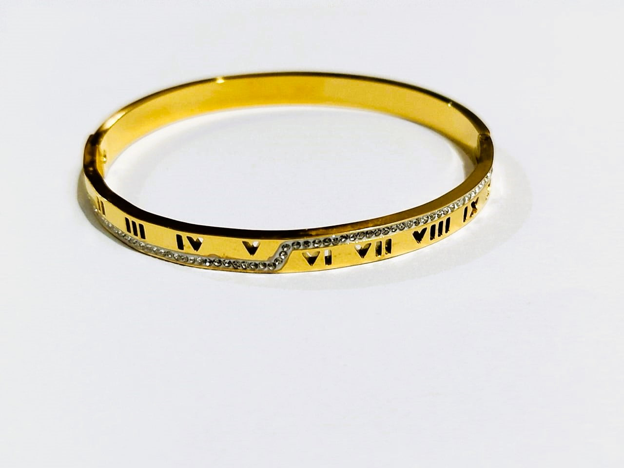 Roman-Inspired Golden Bangle with Crystal Rinshine Stones – Elegant Stainless Steel Jewelry | Mazia Fashion
