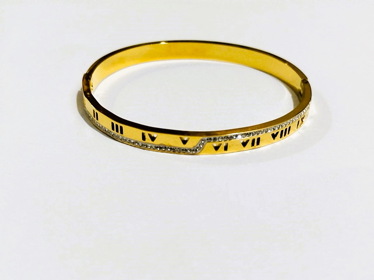 Roman-Inspired Golden Bangle with Crystal Rinshine Stones – Elegant Stainless Steel Jewelry | Mazia Fashion