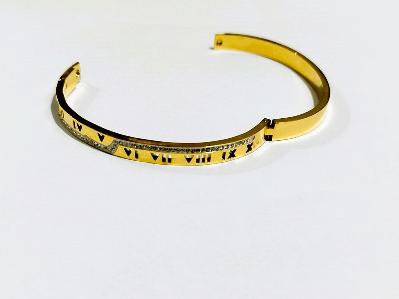 Roman-Inspired Golden Bangle with Crystal Rinshine Stones – Elegant Stainless Steel Jewelry | Mazia Fashion