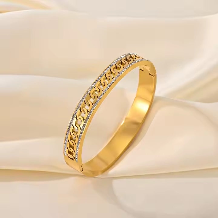 Double Zircon Bangle with Diamond Cuban Link – Elegant Women’s Jewelry by Mazia Fashion