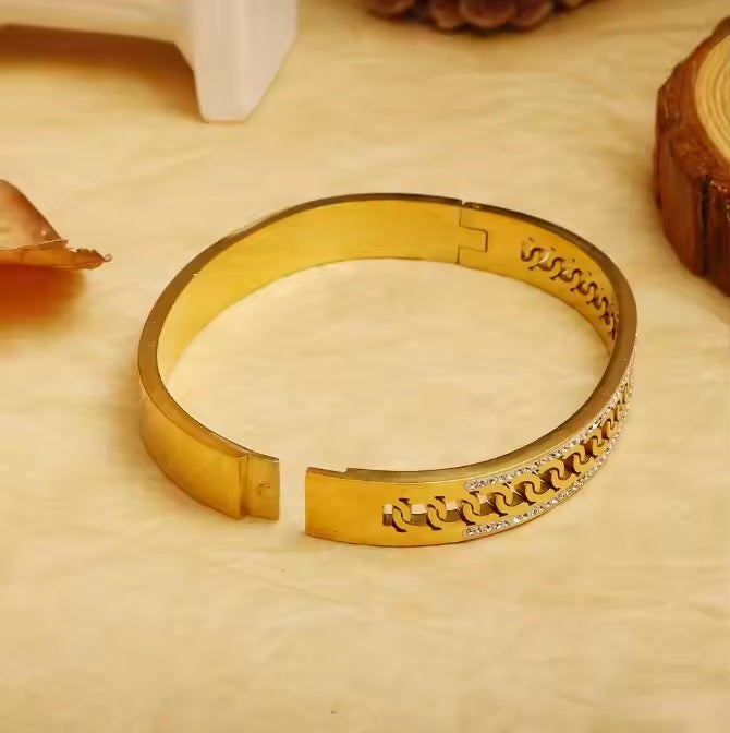 Double Zircon Bangle with Diamond Cuban Link – Elegant Women’s Jewelry by Mazia Fashion