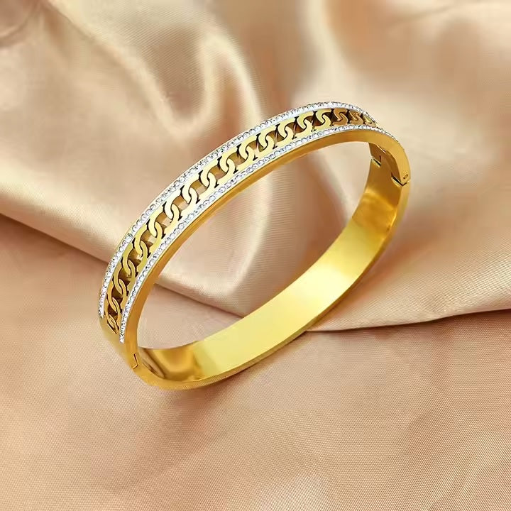 Double Zircon Bangle with Diamond Cuban Link – Elegant Women’s Jewelry by Mazia Fashion