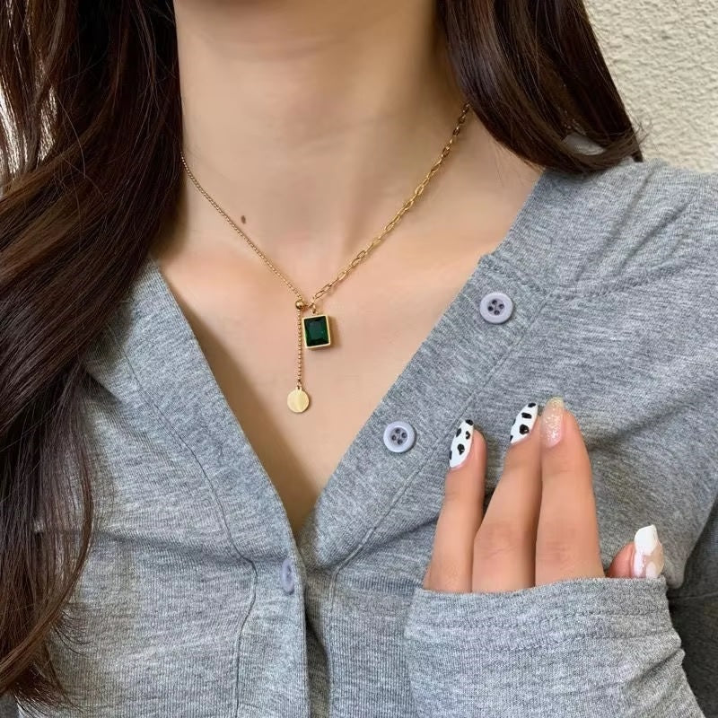 Mazia Fashion Luxury Green Zircon Pendant Necklace – Stainless Steel Bead Chain Jewelry for Women