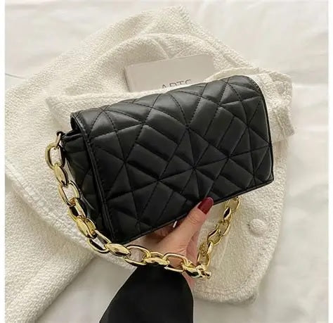Small Black Leather Women’s Bag with Golden Chain, Zip & Button Closure –  | Mazia Fashion