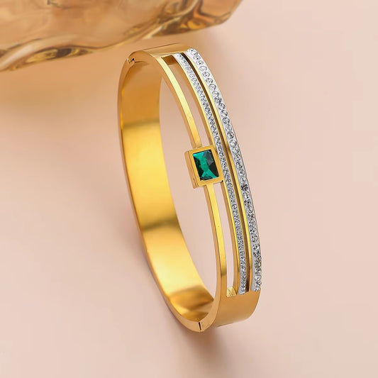 Elegant Green & White Zircon Geometric Bangle | Double Row Diamond Cuff Bracelet | Stainless Stee Jewelry – Mazia Fashion