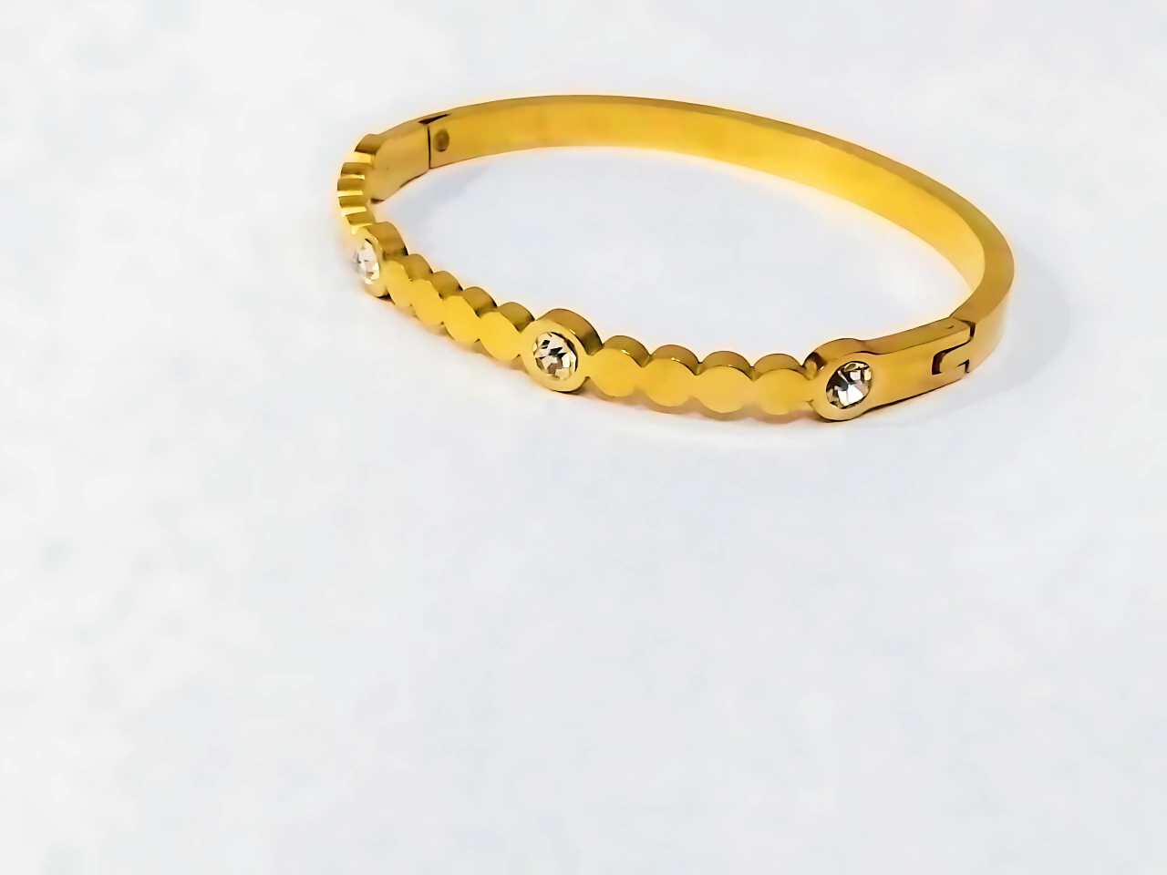 Golden Stainless Steel Cuff Bangle with White Crystal Accents – Elegant Luxury for Girls