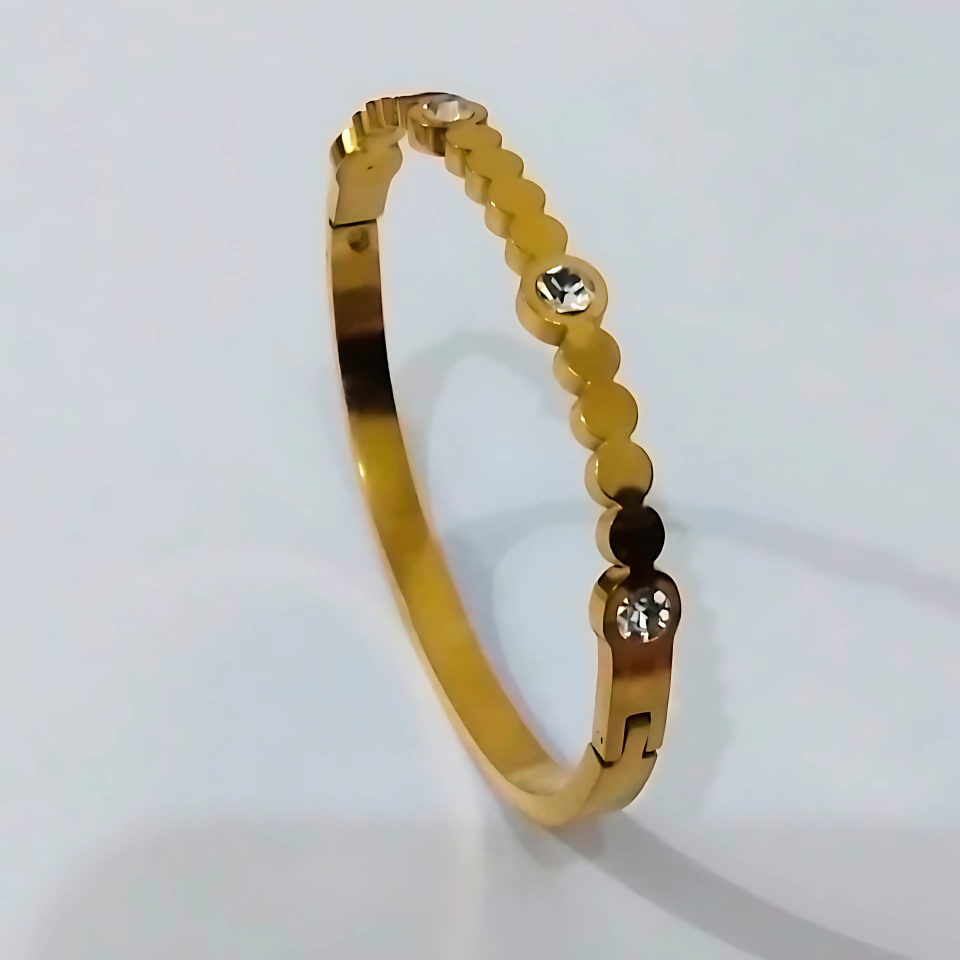 Golden Stainless Steel Cuff Bangle with White Crystal Accents – Elegant Luxury for Girls