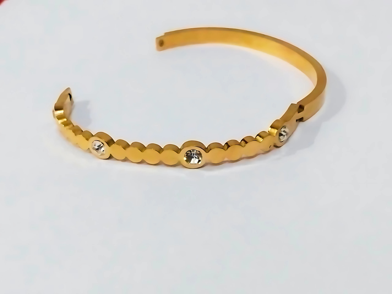 Golden Stainless Steel Cuff Bangle with White Crystal Accents – Elegant Luxury for Girls