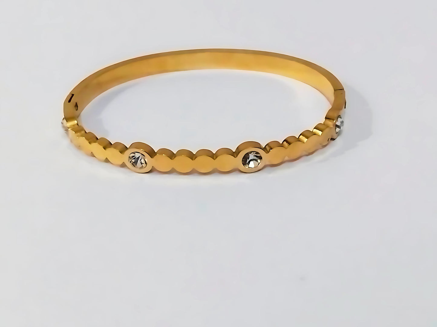 Golden Stainless Steel Cuff Bangle with White Crystal Accents – Elegant Luxury for Girls