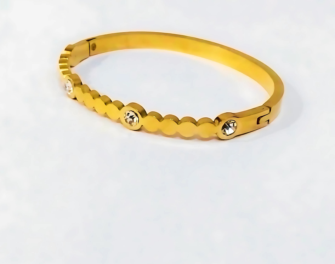 Golden Stainless Steel Cuff Bangle with White Crystal Accents – Elegant Luxury for Girls