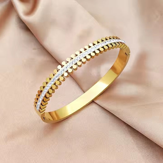 Luxury Zipper-Style Zircon Cuff Bangle – Gold Plated Stainless Steel Bracelet | Mazia Fashion