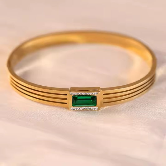 Golden Rhinestone & Green Zircon Gem Bangle – Stainless Steel Diamond-Cut Luxury Bracelet | Mazia Fashion