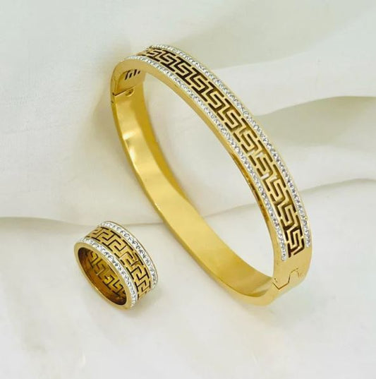 Great Wall Pattern Wide Bracelet with Ring – Stainless Steel Jewelry for Girls | Mazia Fashion