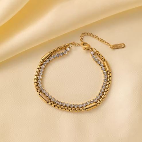 Double-Layer Stainless Steel Bracelet – Crystal Zirconia Chain for Women Mazia Fashion