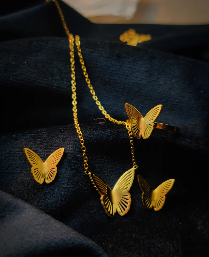 Elegant Butterfly Jewelry Set: Necklace, Ring, and Earrings in Golden Stainless Steel – Trendy Luxury Gift for Women
