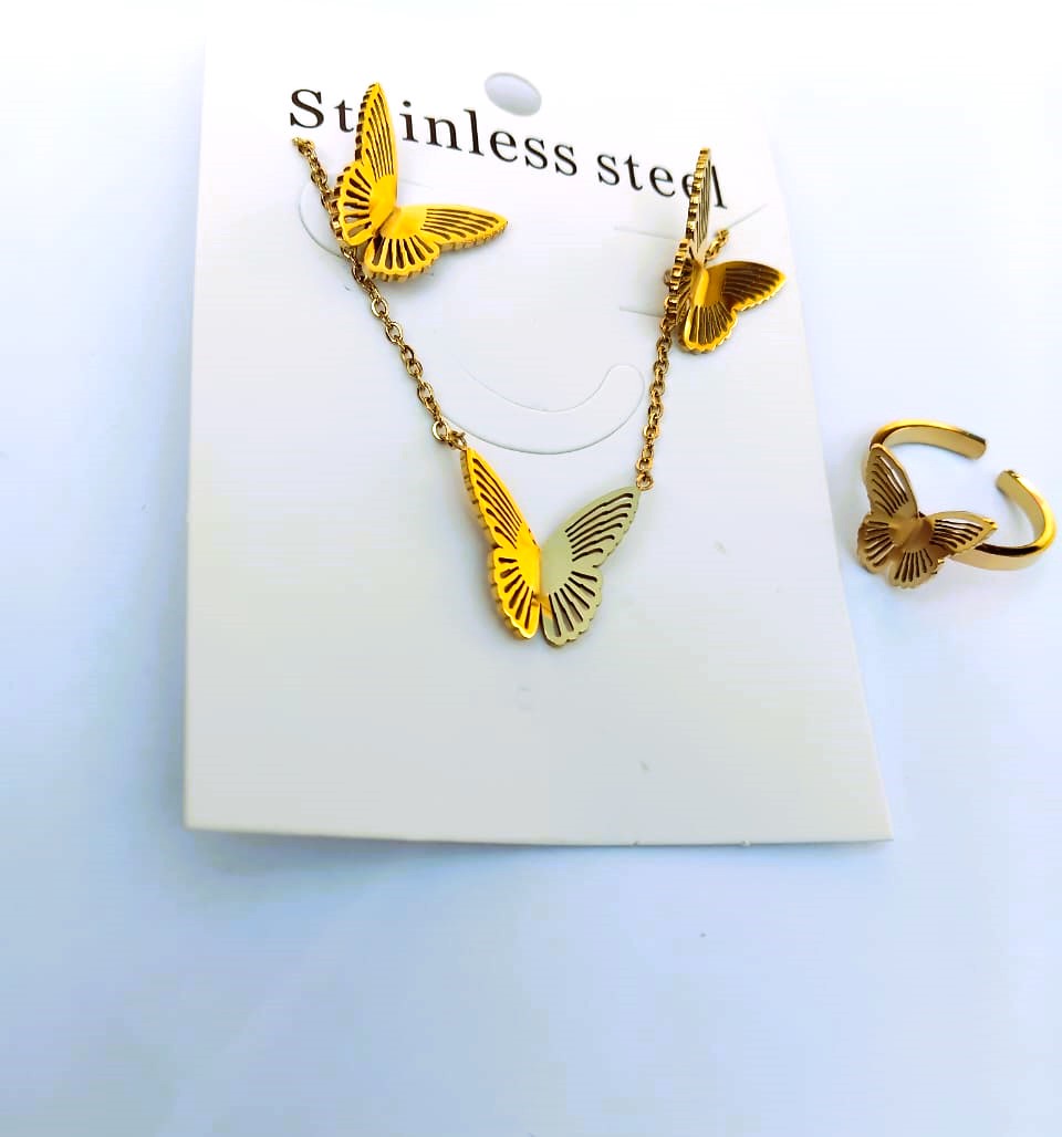 Elegant Butterfly Jewelry Set: Necklace, Ring, and Earrings in Golden Stainless Steel – Trendy Luxury Gift for Women