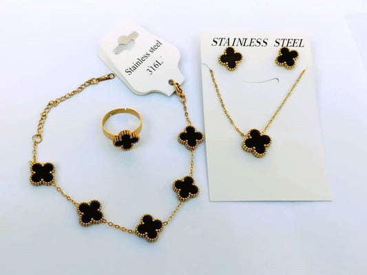 Fashion Clover Leaf Jewelry Set – Stainless Steel Double-Sided Bracelet, Ring, Earrings, Necklace – Four Leaf Clover Design