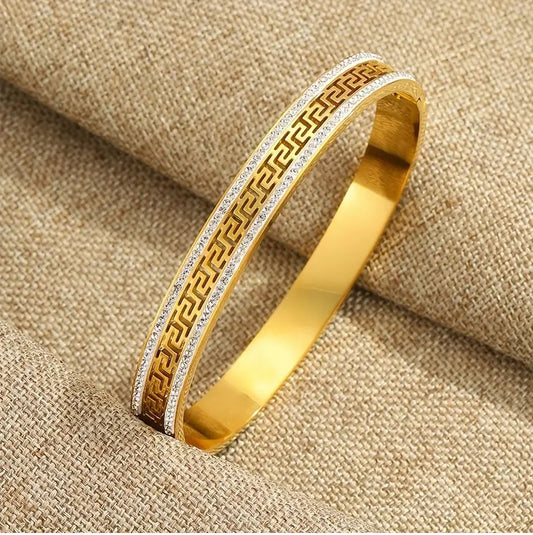 Mazia Golden Cuff Bangle – Stainless Steel Luxury for Girls | Skeleton Design with Rhinestones