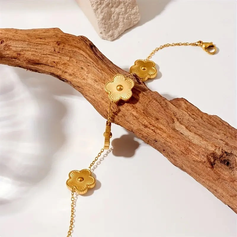Elegant Stainless Steel Gold-Tone Cherry Blossom Flower Bracelet - A Timeless Piece