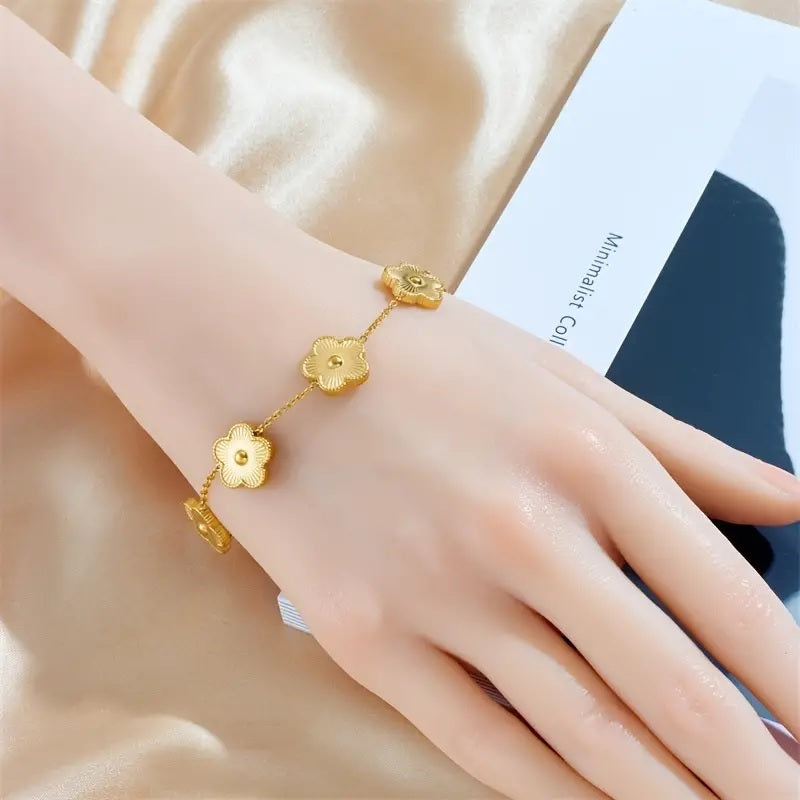 Elegant Stainless Steel Gold-Tone Cherry Blossom Flower Bracelet - A Timeless Piece