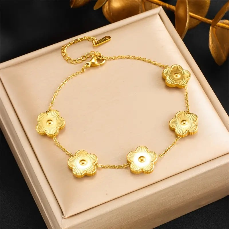 Elegant Stainless Steel Gold-Tone Cherry Blossom Flower Bracelet - A Timeless Piece