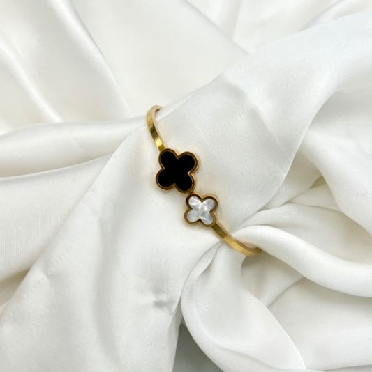 White & Black Clover Stainless Steel Open Cuff Bracelet - Fashionable Jewelry for Women & Girls
