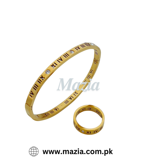 Roman Numeral Stainless Steel Bangle with Matching Ring Set – Mazia Fashion