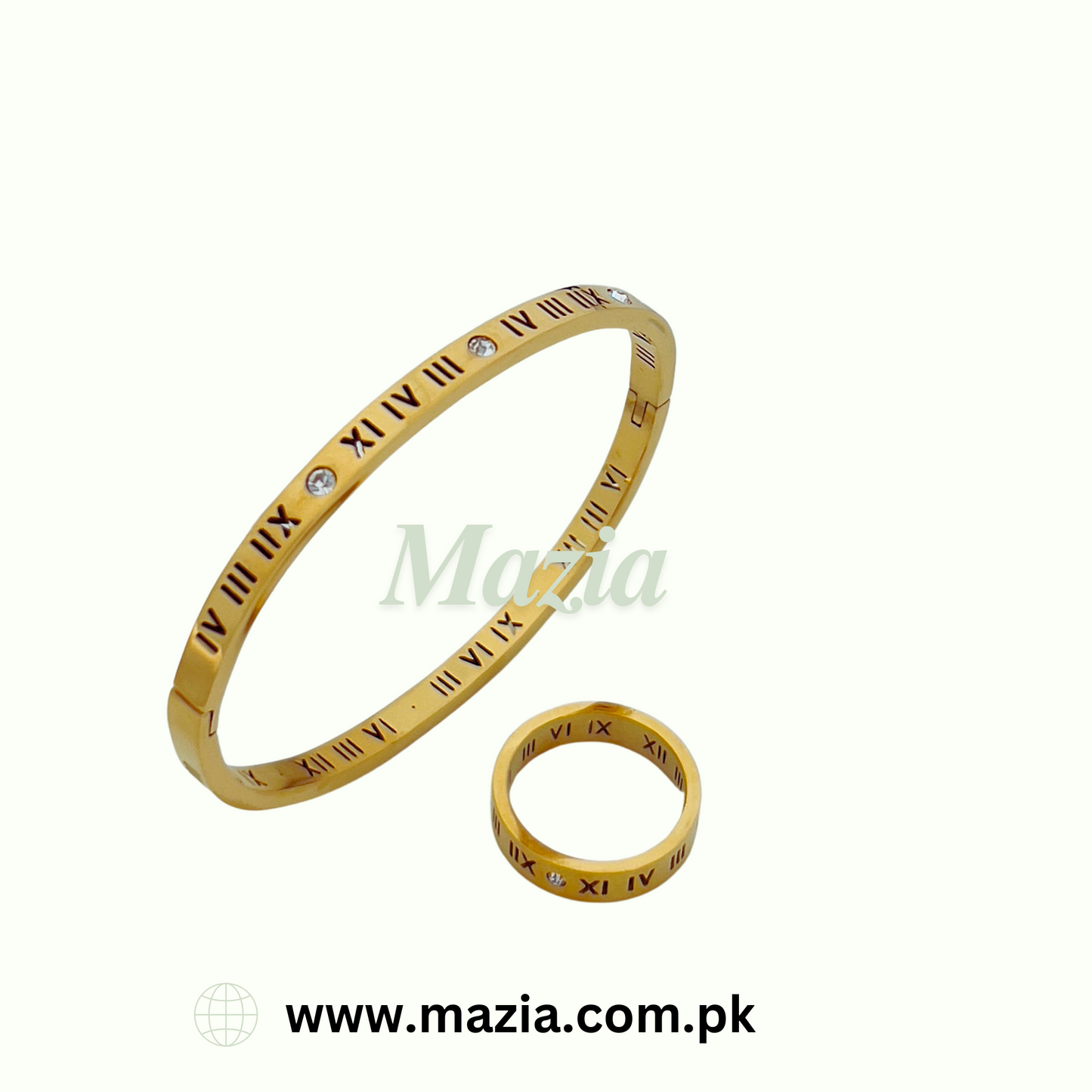 Roman Numeral Stainless Steel Bangle with Matching Ring Set – Mazia Fashion