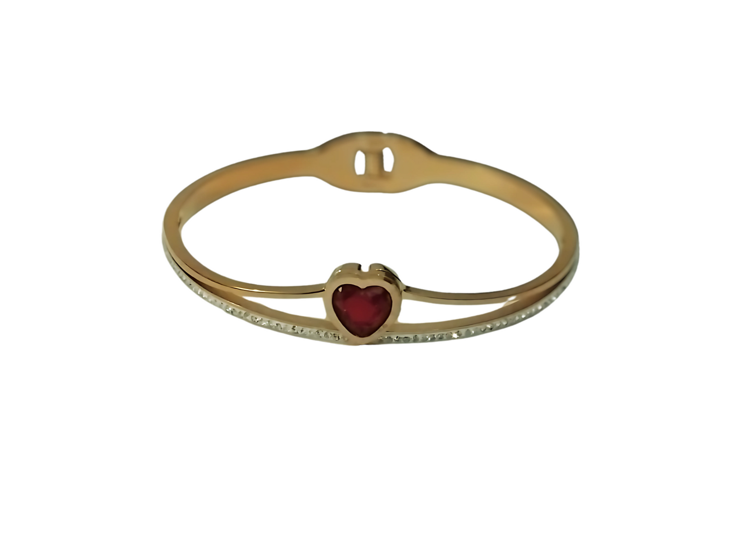 Heart Bangle Golden Stainless Steel with Red Stone and White Crystal Accents – Elegant Jewelry for Women