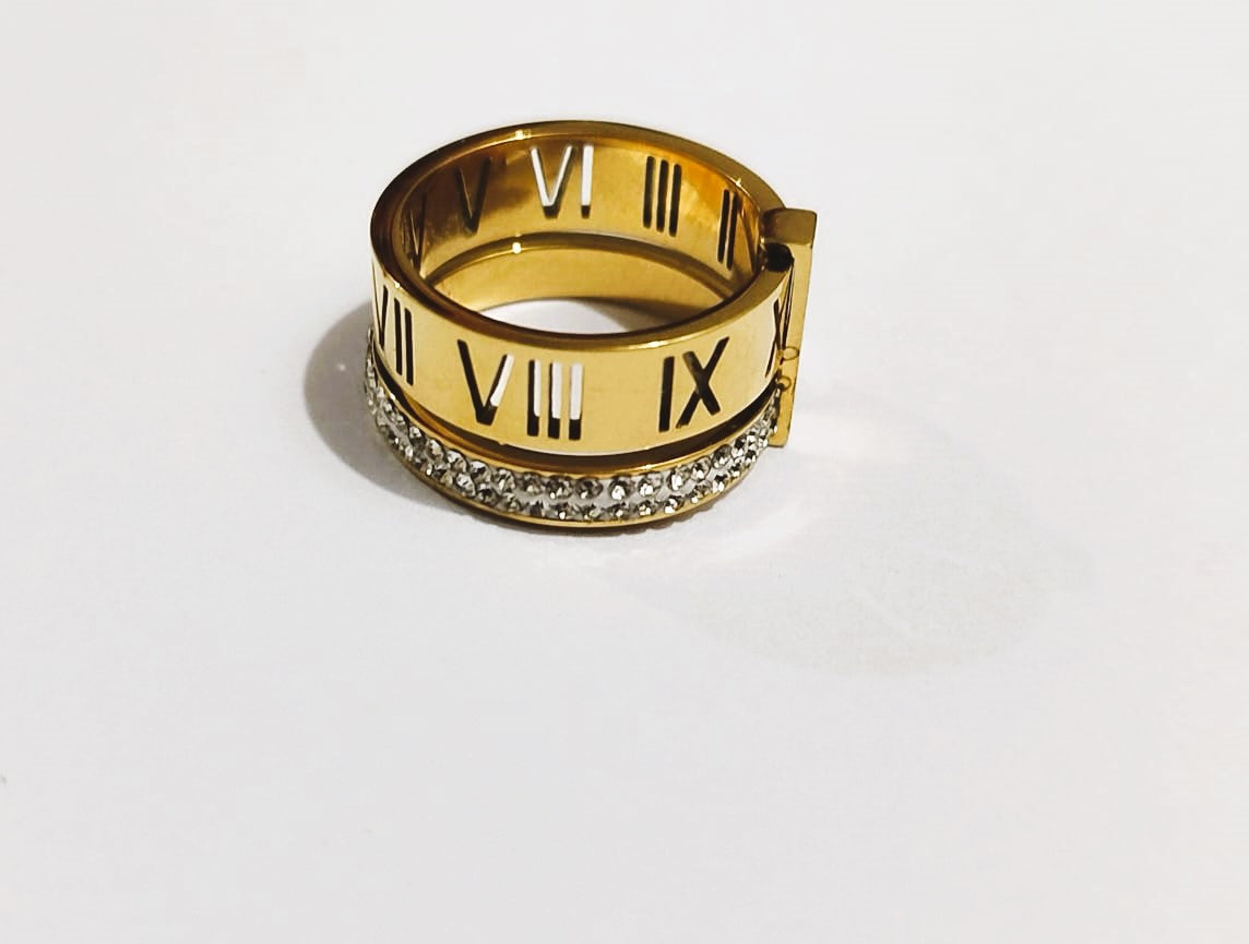 Luxury Roman Numeral Stainless Steel Ring with Crystals – Mazia Fashion