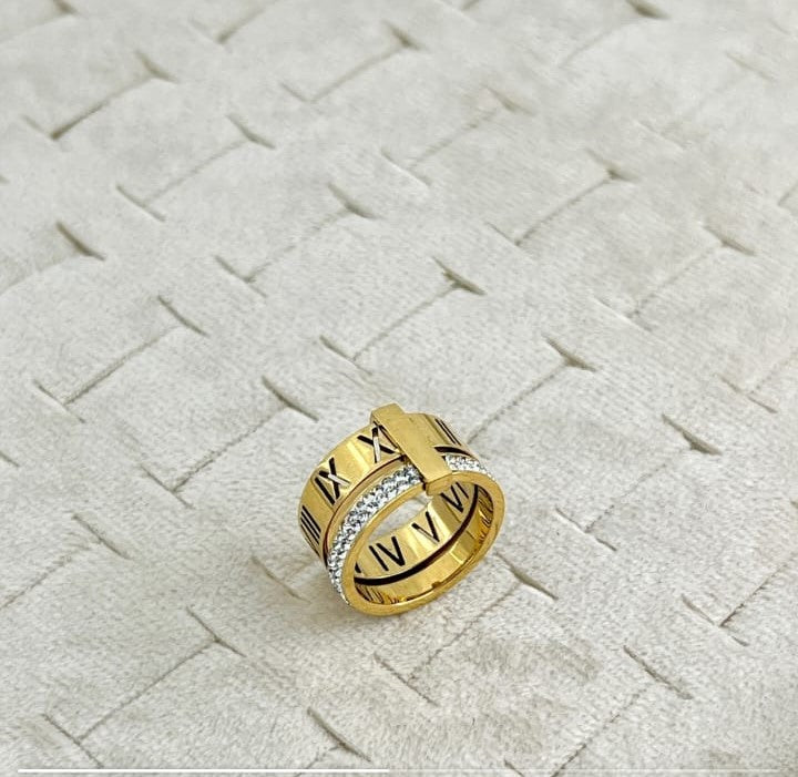 Luxury Roman Numeral Stainless Steel Ring with Crystals – Mazia Fashion