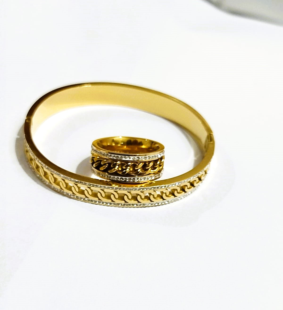 Double Zircon Zipper Ring & Diamond Bangle Cuban Link  Set – Elegant Jewelry Combo by Mazia Fashion