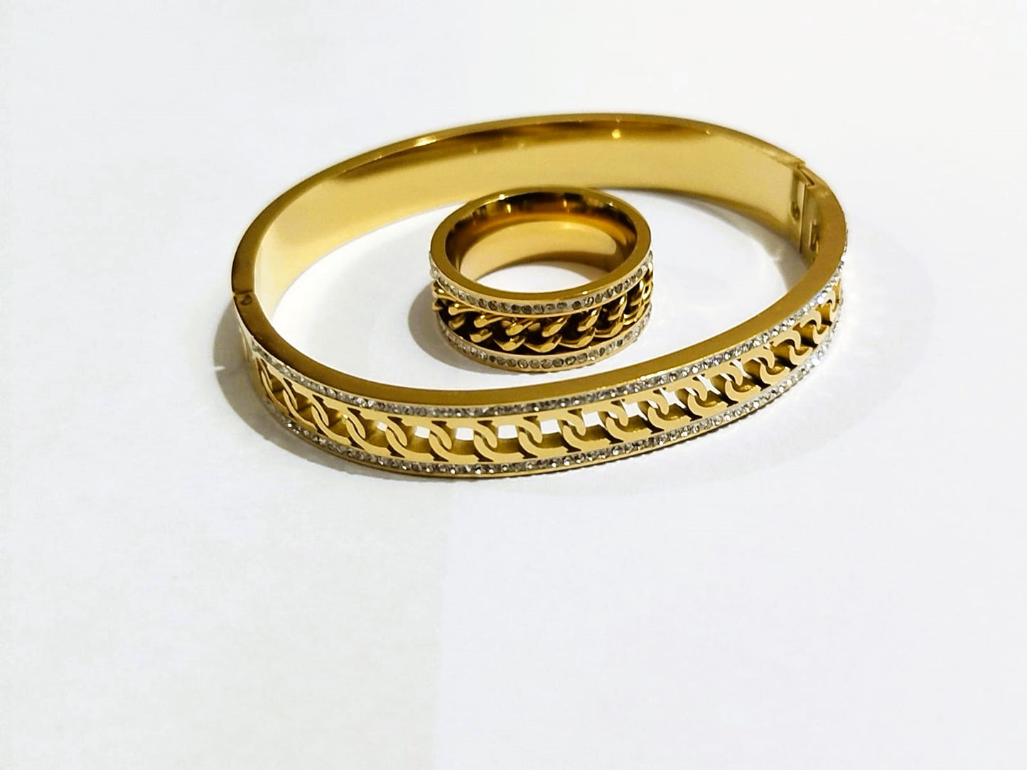 Double Zircon Zipper Ring & Diamond Bangle Cuban Link  Set – Elegant Jewelry Combo by Mazia Fashion