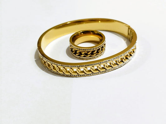 Double Zircon Zipper Ring & Diamond Bangle Cuban Link  Set – Elegant Jewelry Combo by Mazia Fashion