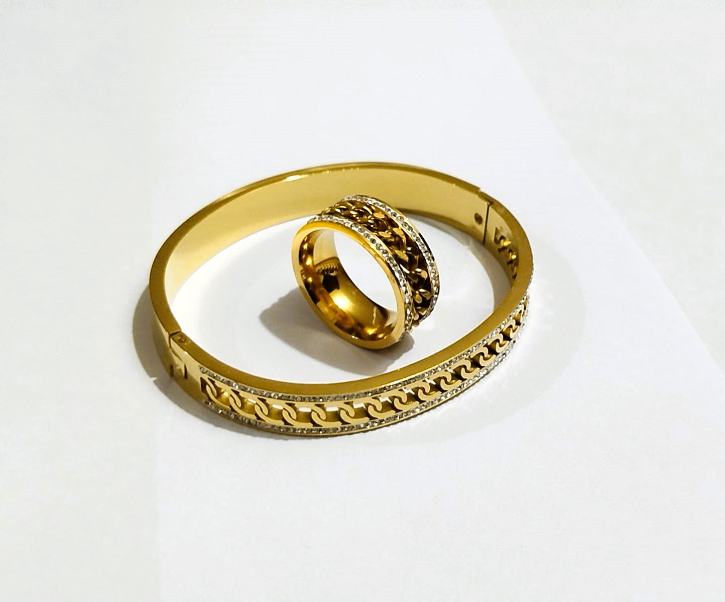 Double Zircon Zipper Ring & Diamond Bangle Cuban Link  Set – Elegant Jewelry Combo by Mazia Fashion