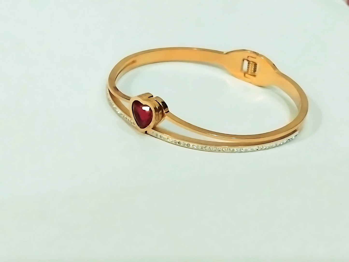 Heart Bangle Golden Stainless Steel with Red Stone and White Crystal Accents – Elegant Jewelry for Women