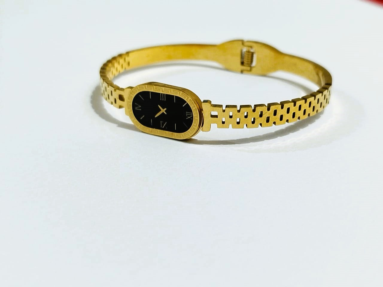 Elegant Gold Watch-Style Bangle Bracelet for Girls – Stainless Steel | Mazia Fashion