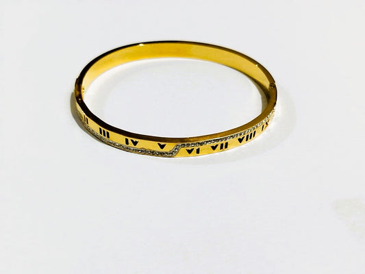Roman-Inspired Golden Bangle with Crystal Rinshine Stones – Elegant Stainless Steel Jewelry | Mazia Fashion