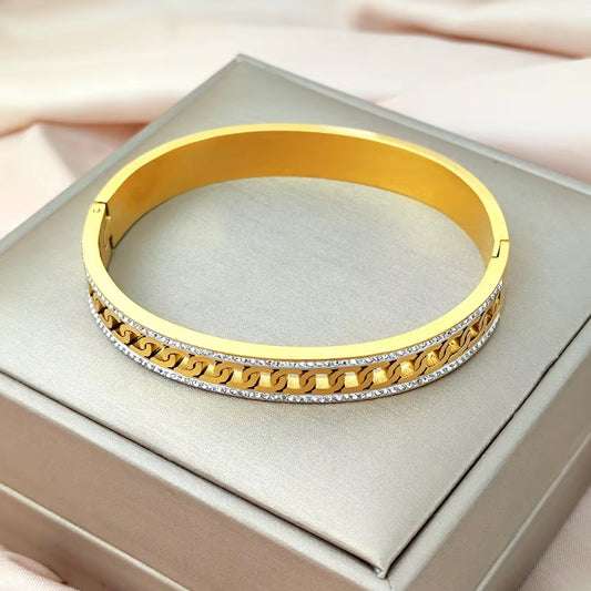 Double Zircon Bangle with Diamond Cuban Link – Elegant Women’s Jewelry by Mazia Fashion