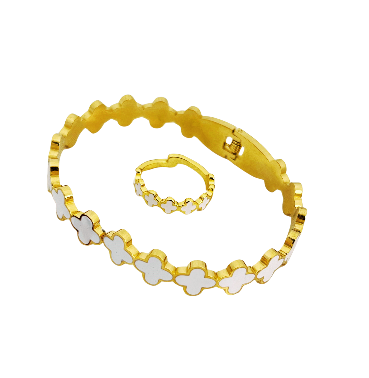 Elegant Multi Clover Bangle with Ring - Stainless Steel | Mazia Fashion