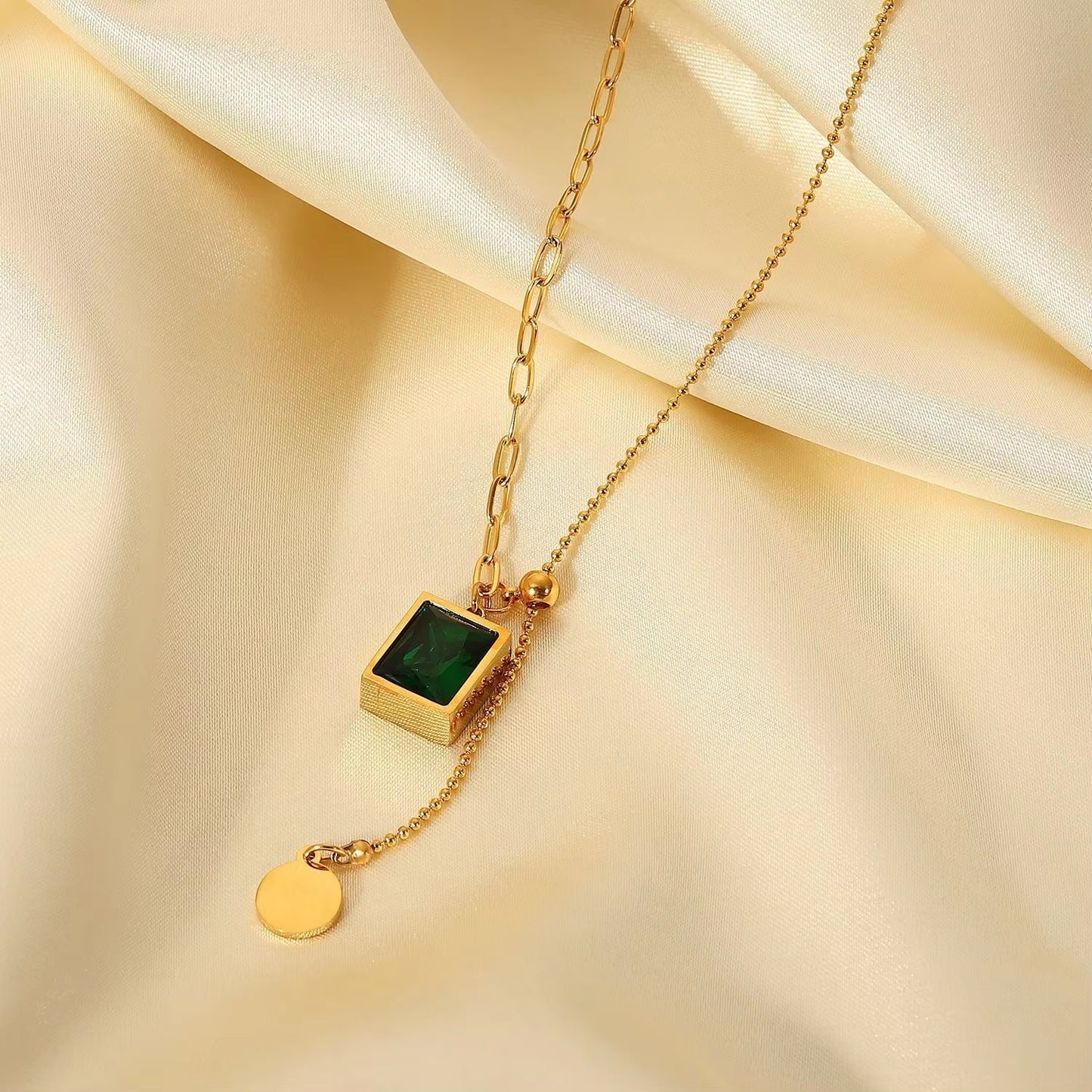 Mazia Fashion Luxury Green Zircon Pendant Necklace – Stainless Steel Bead Chain Jewelry for Women