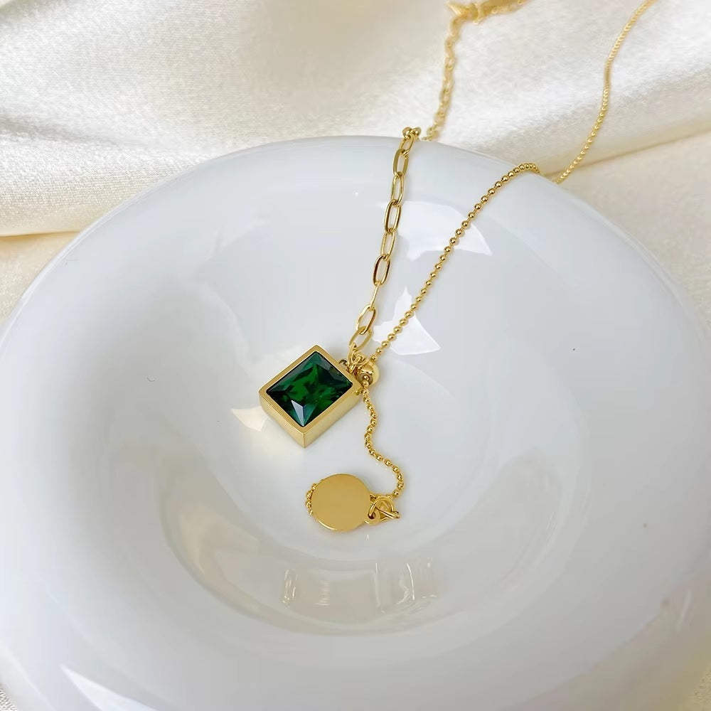 Mazia Fashion Luxury Green Zircon Pendant Necklace – Stainless Steel Bead Chain Jewelry for Women