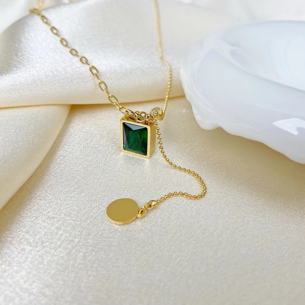 Mazia Fashion Luxury Green Zircon Pendant Necklace – Stainless Steel Bead Chain Jewelry for Women