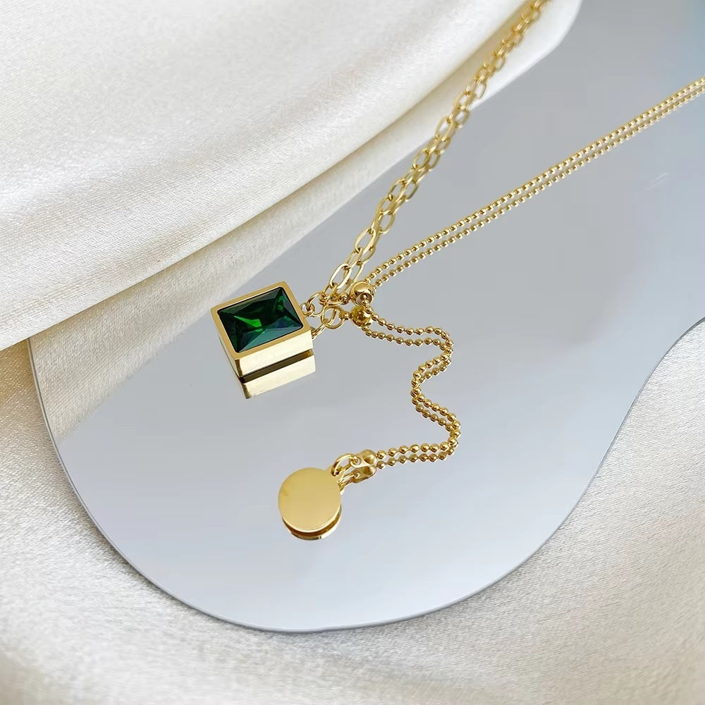 Mazia Fashion Luxury Green Zircon Pendant Necklace – Stainless Steel Bead Chain Jewelry for Women