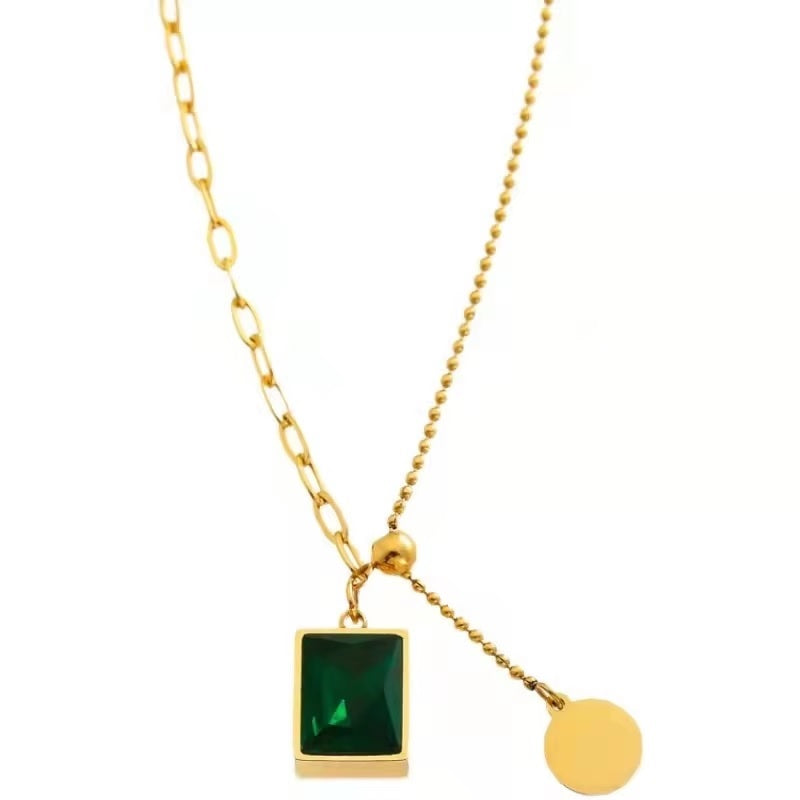 Mazia Fashion Luxury Green Zircon Pendant Necklace – Stainless Steel Bead Chain Jewelry for Women