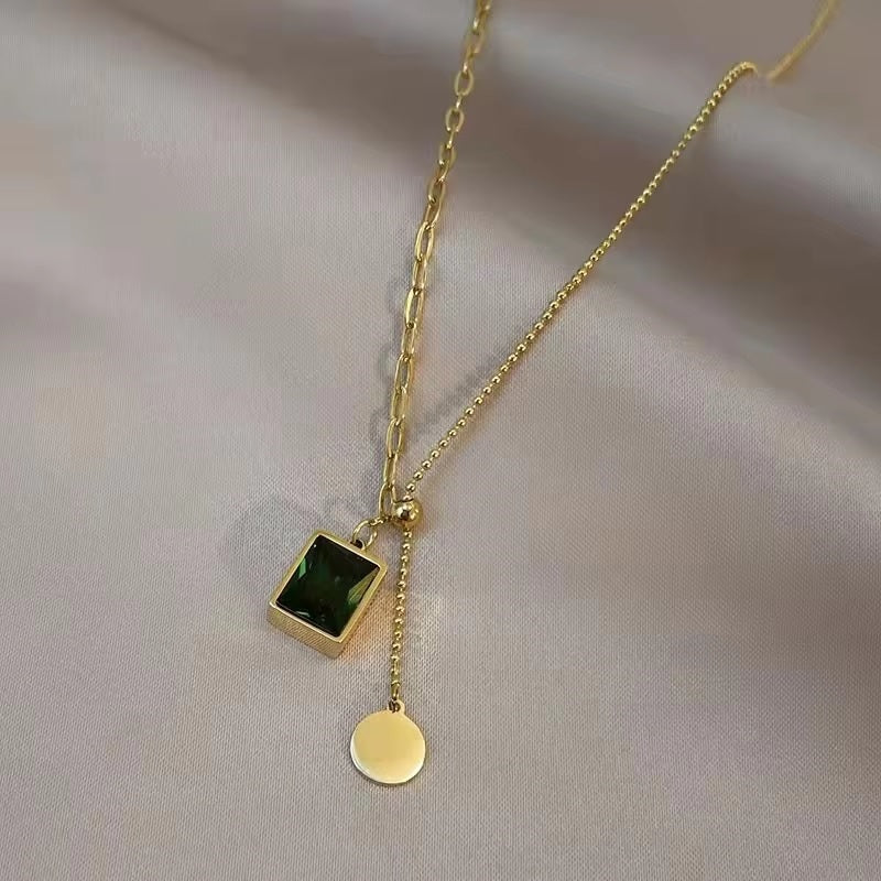 Mazia Fashion Luxury Green Zircon Pendant Necklace – Stainless Steel Bead Chain Jewelry for Women